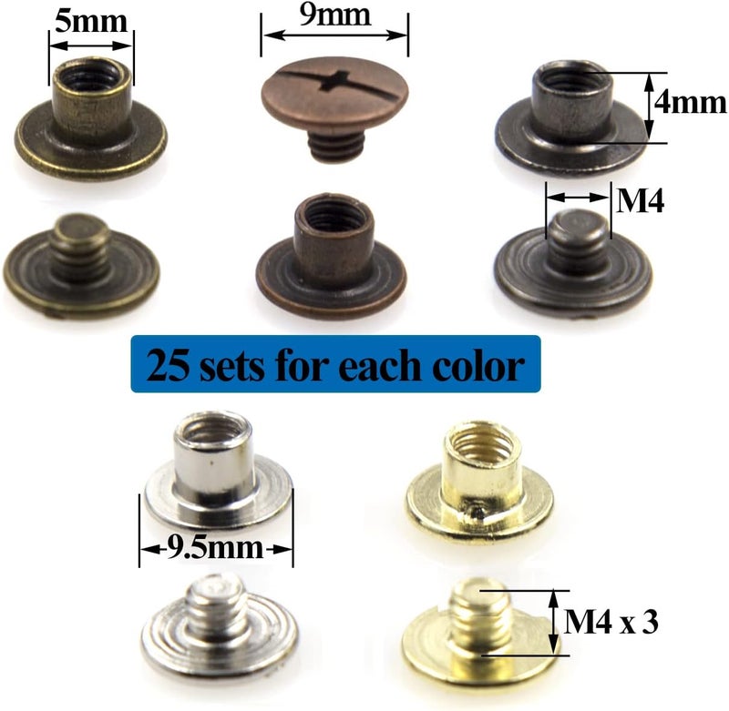 ALLOYPRO 125 Sets Chicago Screws Assorted Kit 5 Color Leather Rivets Screw Rivets Flat Fillister Book Binding Posts Nail Rivet Chicago Bolts for DIY Leather Craft Black Silver Golden Bronze (Colours 5×4mm) - Image 2